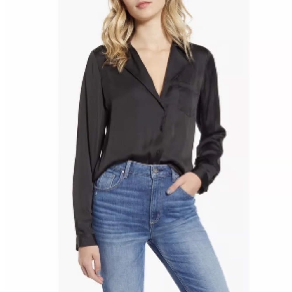 Paige Women’s Caprice Satin Shirt in Black-Size Small